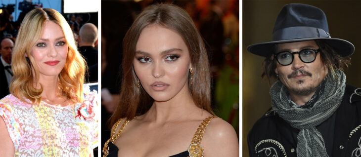 Lily Rose Depp en medio de las fotos de los rostros de su madre Vanessa y su papá Johnny depp 