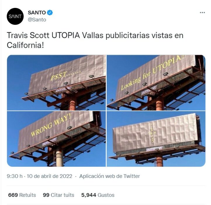Captura de tuit sobre publicidad de Travis Scott en California 