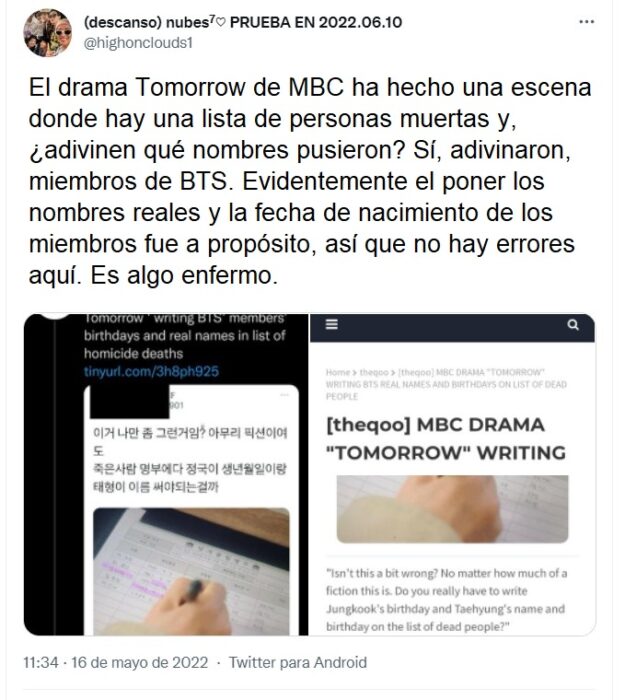 Captura de tuit sobre escena de Tomorrow con nombre de miembros de BTS