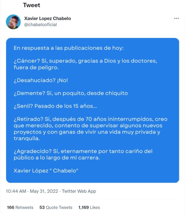 Comunicado de Chabelo en Twitter