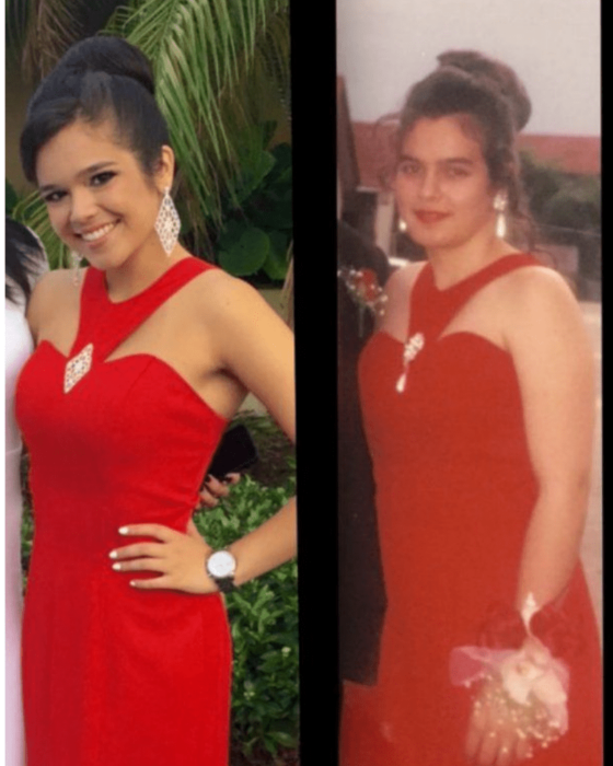 imagen comparativa de una chica a lado de su mamá usando el mismo vestido de graduación en color rojo 