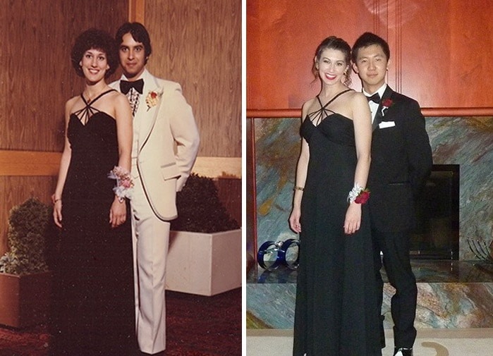 imagen comparativa de dos parejas en la misma pose mientras las chicas usan el mismo vestido 