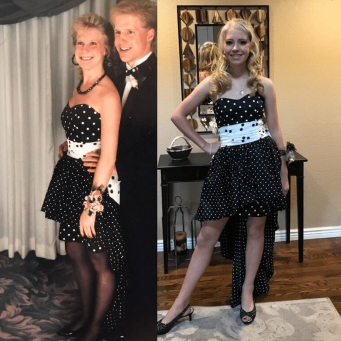 imagen comparativa de una chica usando el mismo vestido de graduación que su mamá 