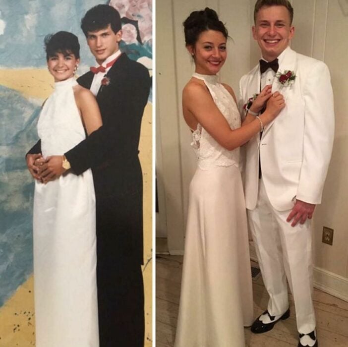 imagen comparativa de dos parejas posando igual y con el mismo vestido de graduación 