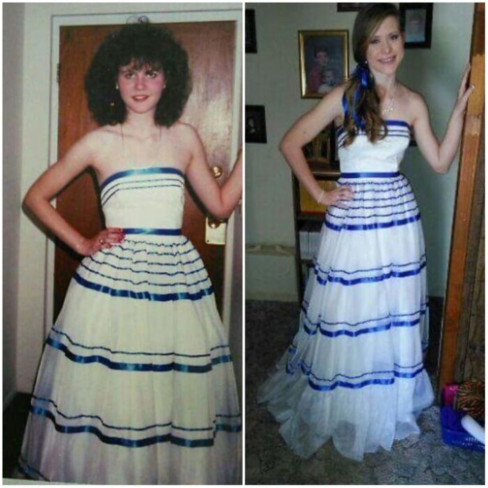 fotografía de madre e hija posando con el mismo vestido de graduación 