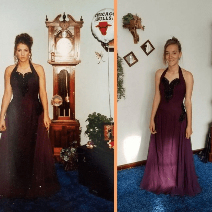 imagen comparativa de una chica usando el mismo vestido de graduación que su mamá 