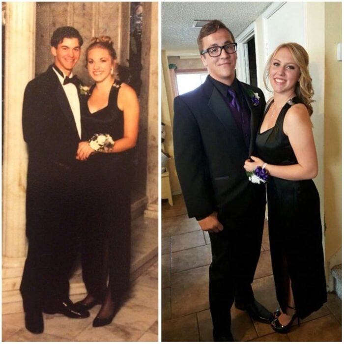 imagen comparativa de dos parejas posando mientras las chicas usan el mismo vestido 