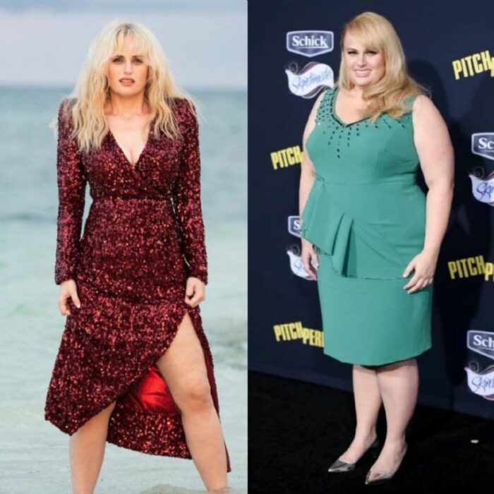 imagen comparativa del antes vs después de la actriz Rebel Wilson