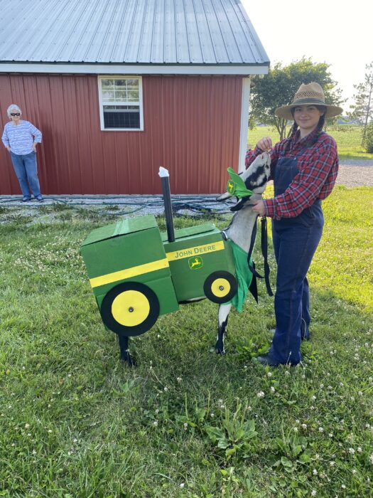 Mujer junto a una cabra disfrazada de tractor John Deere