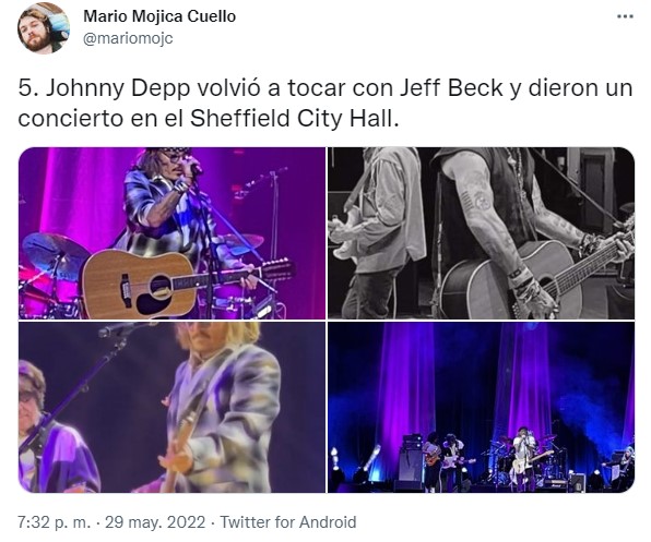 Captura de pantalla de un tuit de Johnny Depp en concierto con Jeff Beck en Inglaterra 