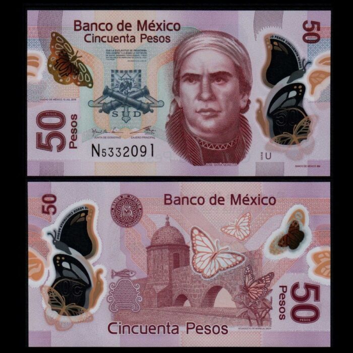 Billete de 50 pesos mexicanos por la parte delantera y trasera 