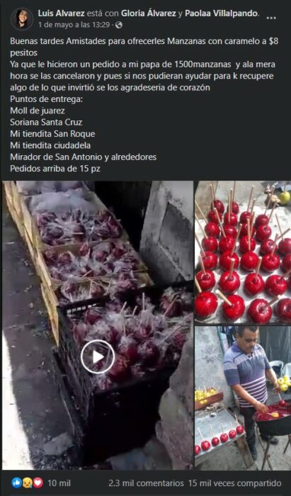 Capruta de pantalla de una publicación en Facebook de unas manzanas acarameladas 