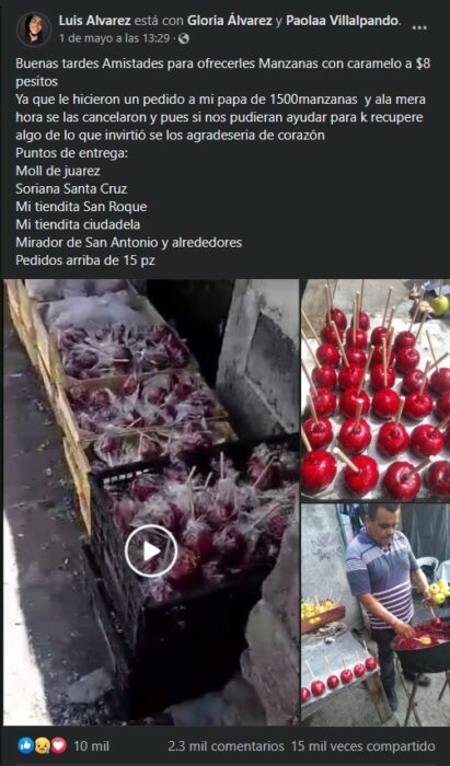Capruta de pantalla de una publicación en Facebook de unas manzanas acarameladas 