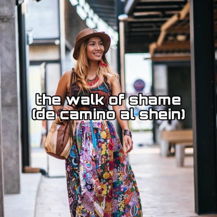 meme de una chica caminando con la frase de una traducción mal hecha de camino al shein 
