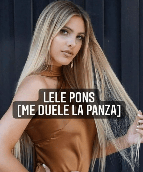 meme with a photo of Lele Pons with a bad translation that says her belly hurts 