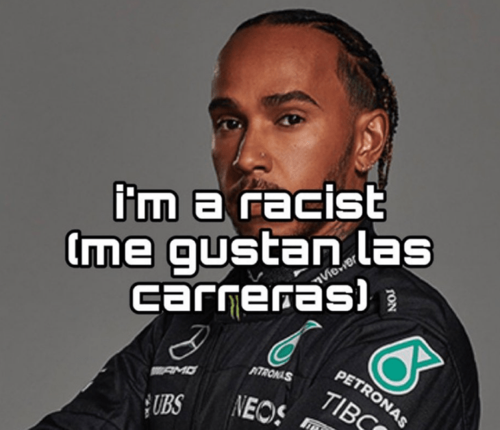 meme with the image of a man who says he likes racing 