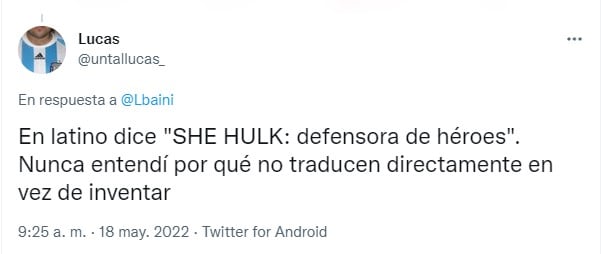 captura de pantalla de un tweet sobre el título español de She Hulk, la abogada Hulka 