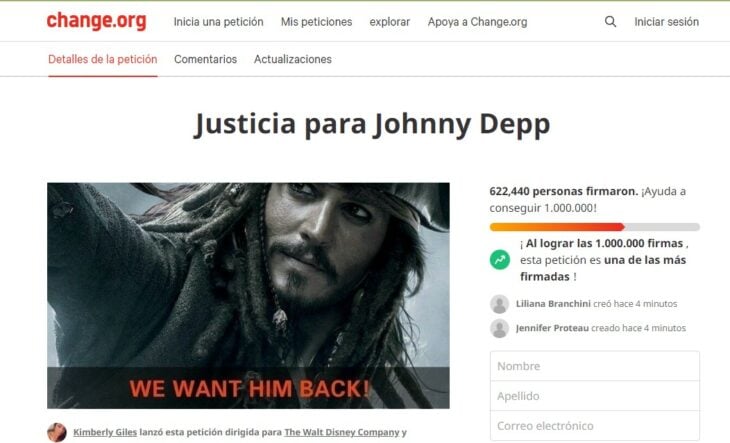 Captura de pantalla de la petición para que Johnny Depp vuelva la película Piratas del Caribe 