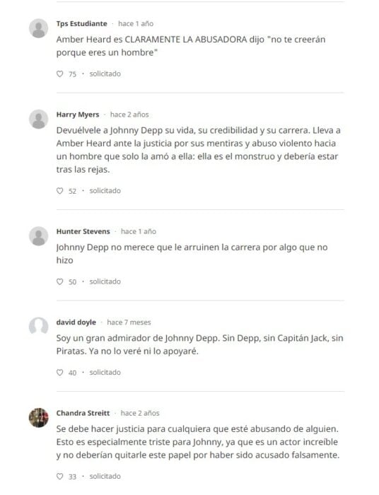 Captura de pantalla de comentarios a favor de la petición de que Johnny Depp vuelva a Piratas del Caribe