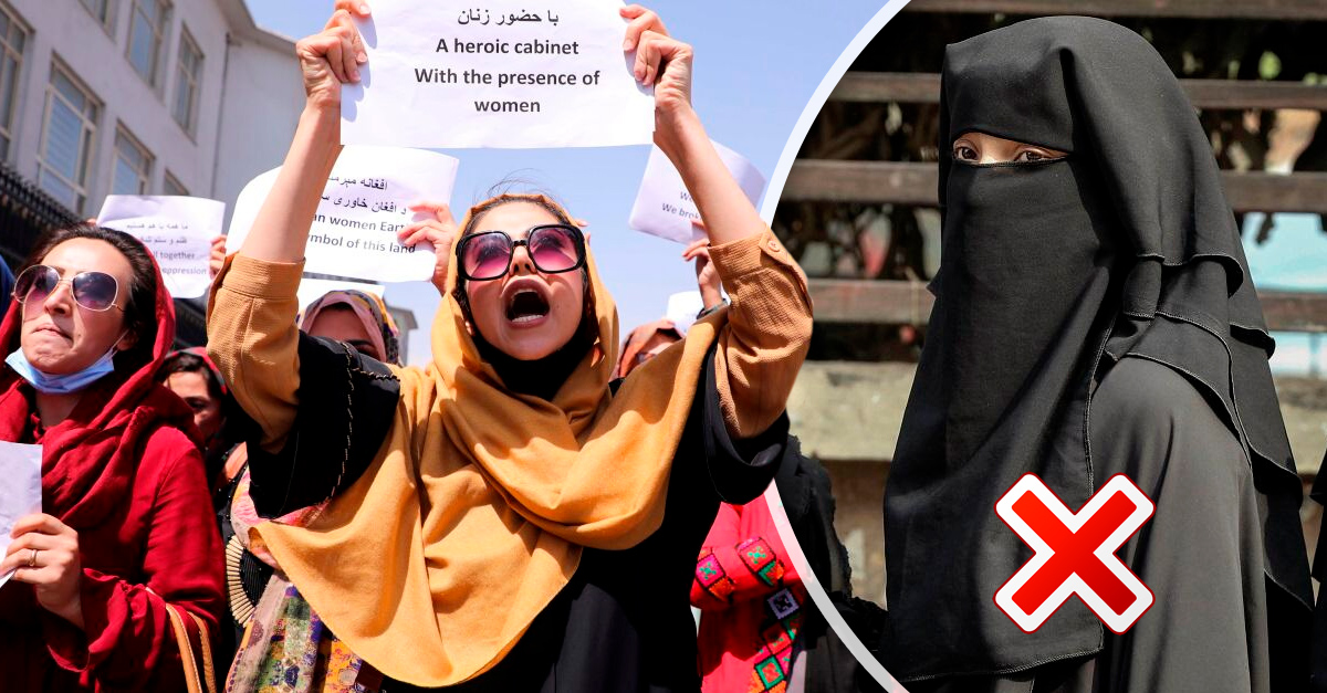 Women in Afghanistan protest the imposition of the mandatory use of the burqa