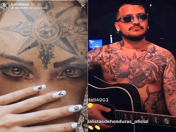 imagen comparativa del tatuaje de los ojos de Belinda en el pecho de Nodal con su nuevo diseño con el que los tapó 