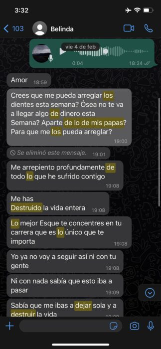 captura de pantalla de conversación de whatsapp con Belinda 