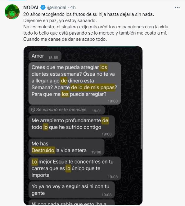 Captura de pantalla del tweet en que nodal reveló conversación con Belinda 