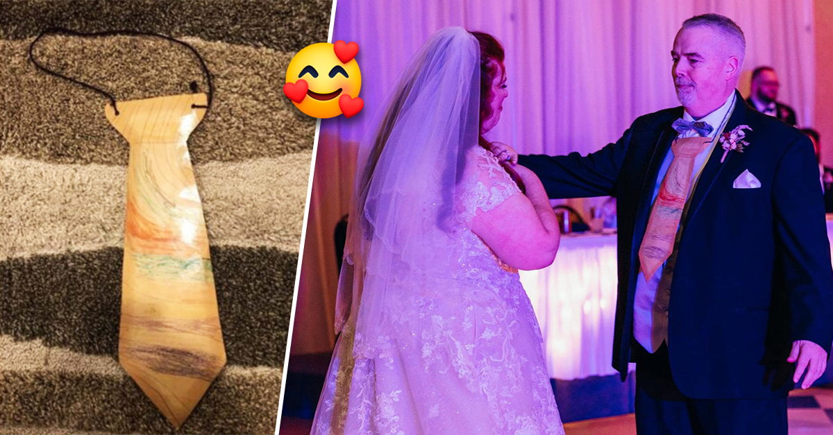 Dad surprised his daughter at her wedding with the paper tie she made for him as a child