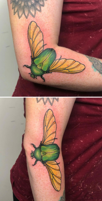 Tatuaje en el brazo con forma de escarbajo