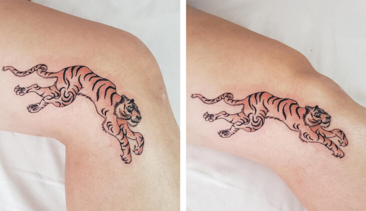 tatuaje de un tigre en una rodilla 