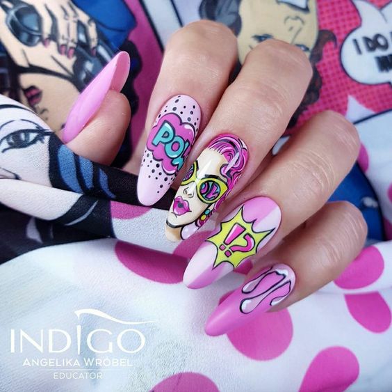 pink manicure; 13 Pop art style manicures to be the protagonist of your own comic