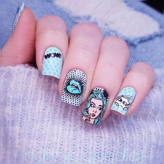 sky blue manicure; 13 Pop art style manicures to be the protagonist of your own comic