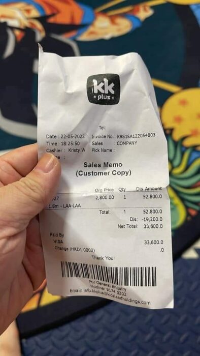 Receipt for payment of Teletubby giganre