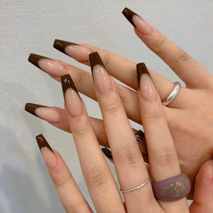 acrylic nails with french design in coffee color 
