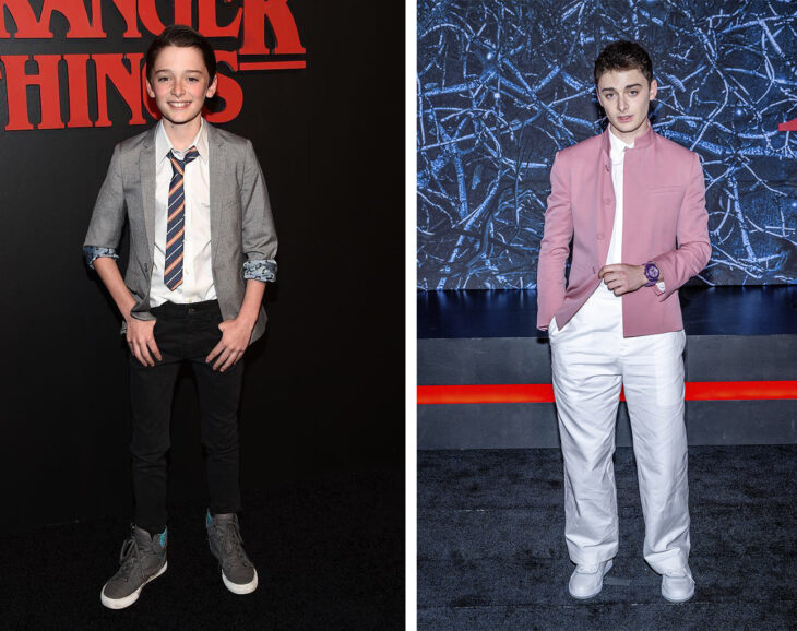 imagen comparativa del actor Noah Schnapp de niño vs actualidad 