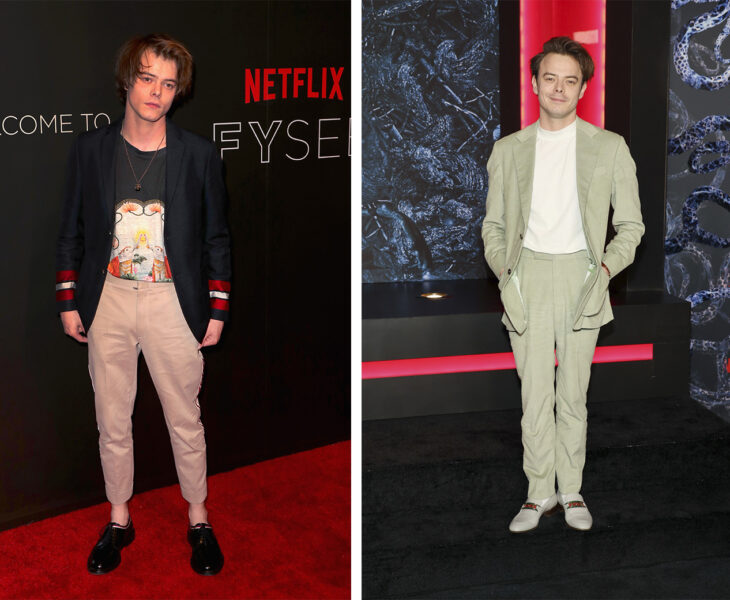 Imagen comparativa del actor Charlie Heaton en la primera temporada vs la cuarta temporada de stranger things 