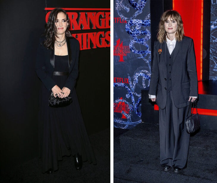 imagen comparativa de la actriz Winona Ryder en la primer temporada de stranger things vs en la cuarta temporada 