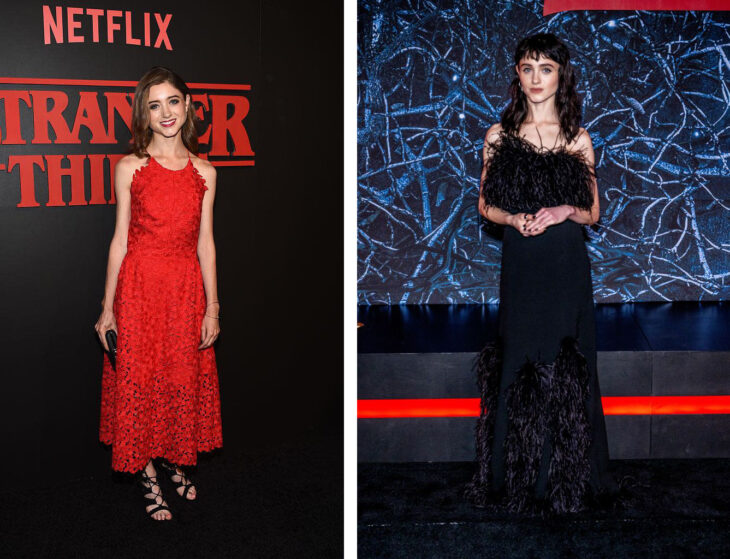 imagen comparativa de la actriz Natalia Dyer en la primer temporada de stranger things vs la cuarta temporada 