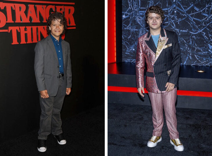 imagen comparativa del actor Gaten Matarazzo de niño vs actual 