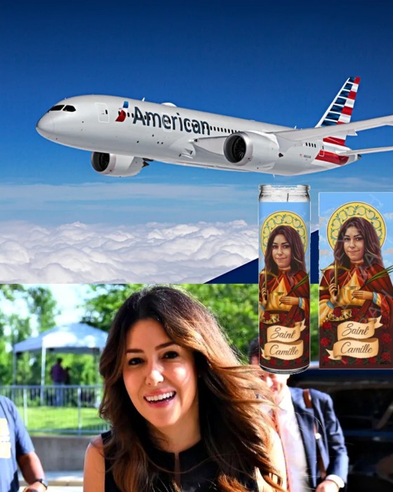 image that shows an airplane with the photograph of Camille Vasquez next to two candles with her face 