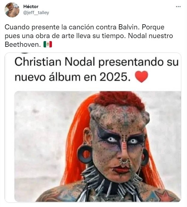 Tuit sobre Christian Nodal lanza canción contra J Balvin y Twitter se llena de memes