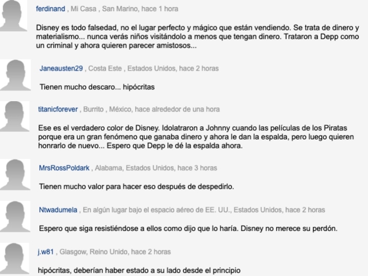 captura de pantalla de comentarios de enojo contra Disney de los seguidores de Johnny Depp