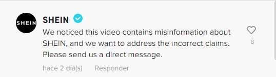 comentario de la cuenta oficial de Shein en una cuenta de TikTok 