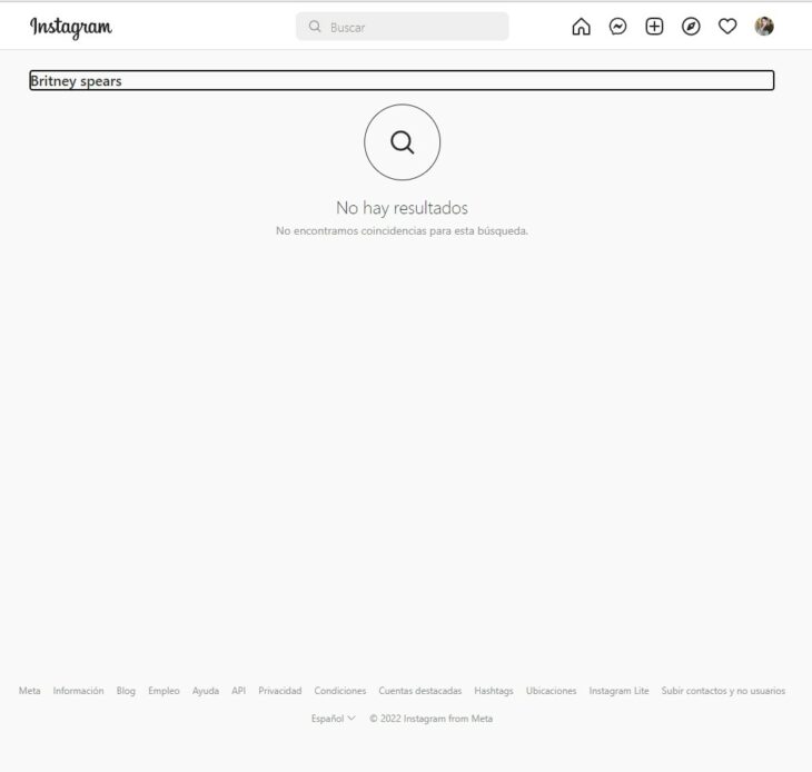 Captura de pantalla de la búsqueda de la cuenta de Instagram de Britney Spears
