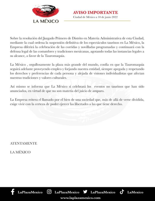 comunicado oficial de la suspensión en las corridas de toros 