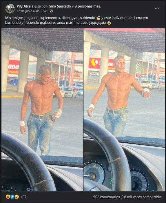 Captura de pantalla de una publicación en Facebook de un limpiaparabrisas musculoso sin camisa