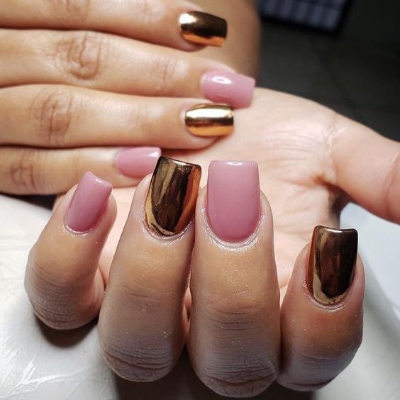 rosa con dorado ;14 Ideas para llevar una manicura rosa y dorado con glamur