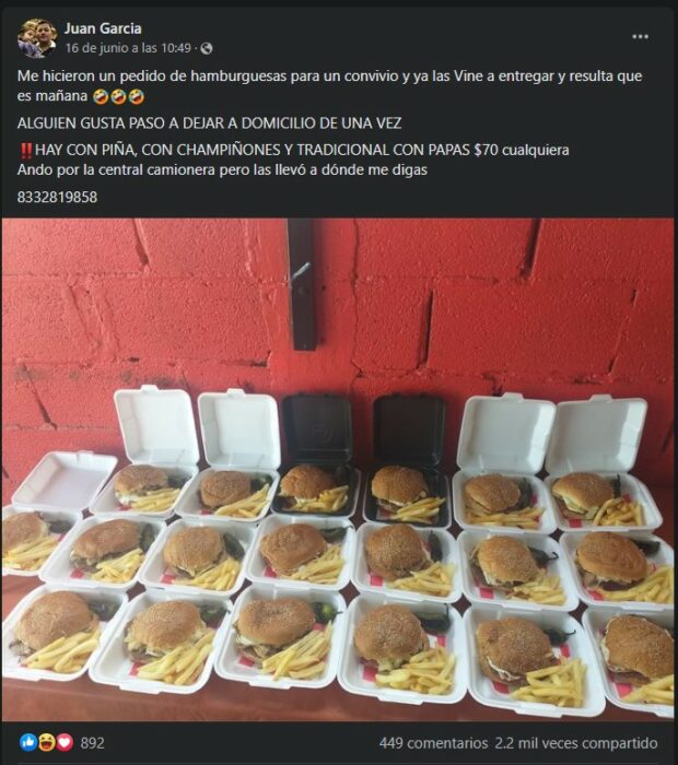 Captura de pantalla de una publicación de venta de hamburguesas