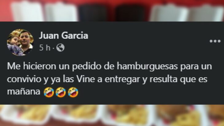 texto de una publicación en Facebook de un hombre vendiendo hamburguesas 