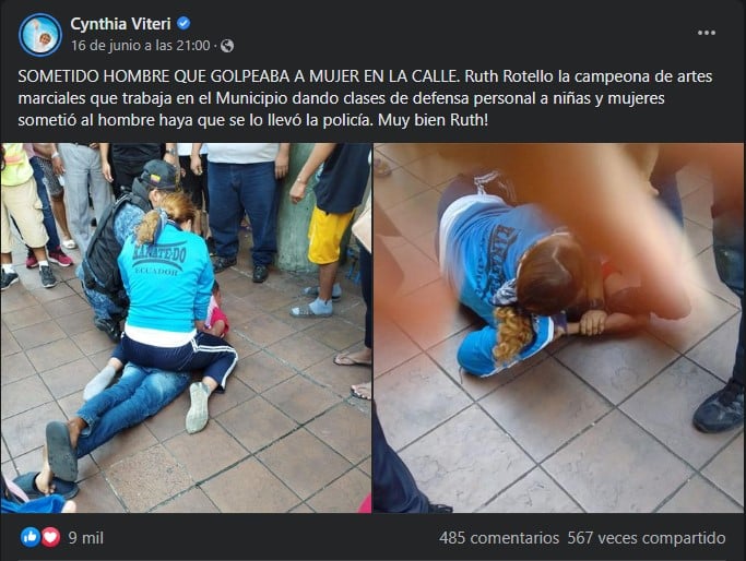 captura de pantalla de una publicación en Facebook sobre una mujer que sometió al hombre que estaba golpeando a su pareja en la calle 